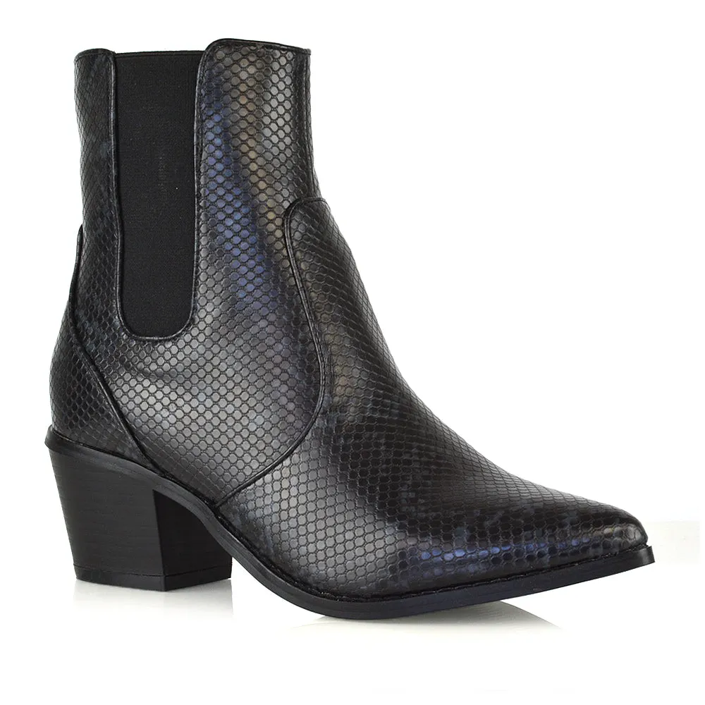 Nola Mid-Block Heel Pointed Toe Cowboy Ankle Boots in Multi Snake