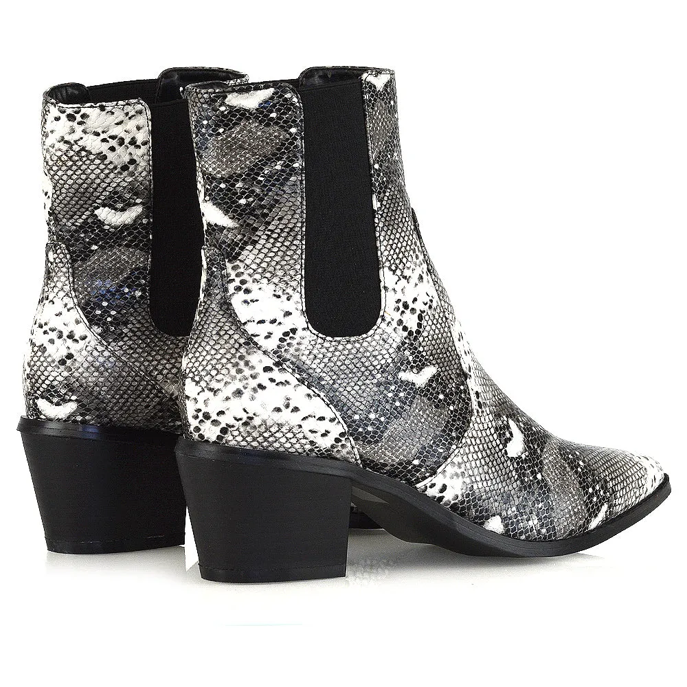 Nola Mid-Block Heel Pointed Toe Cowboy Ankle Boots in Multi Snake