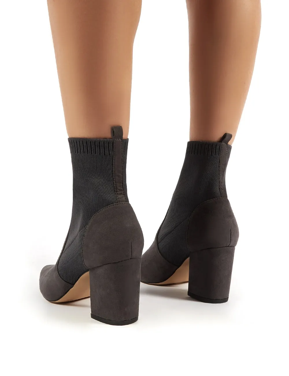 Nuala Grey Suede Block Heeled Knitted Sock Fit Ankle Boots