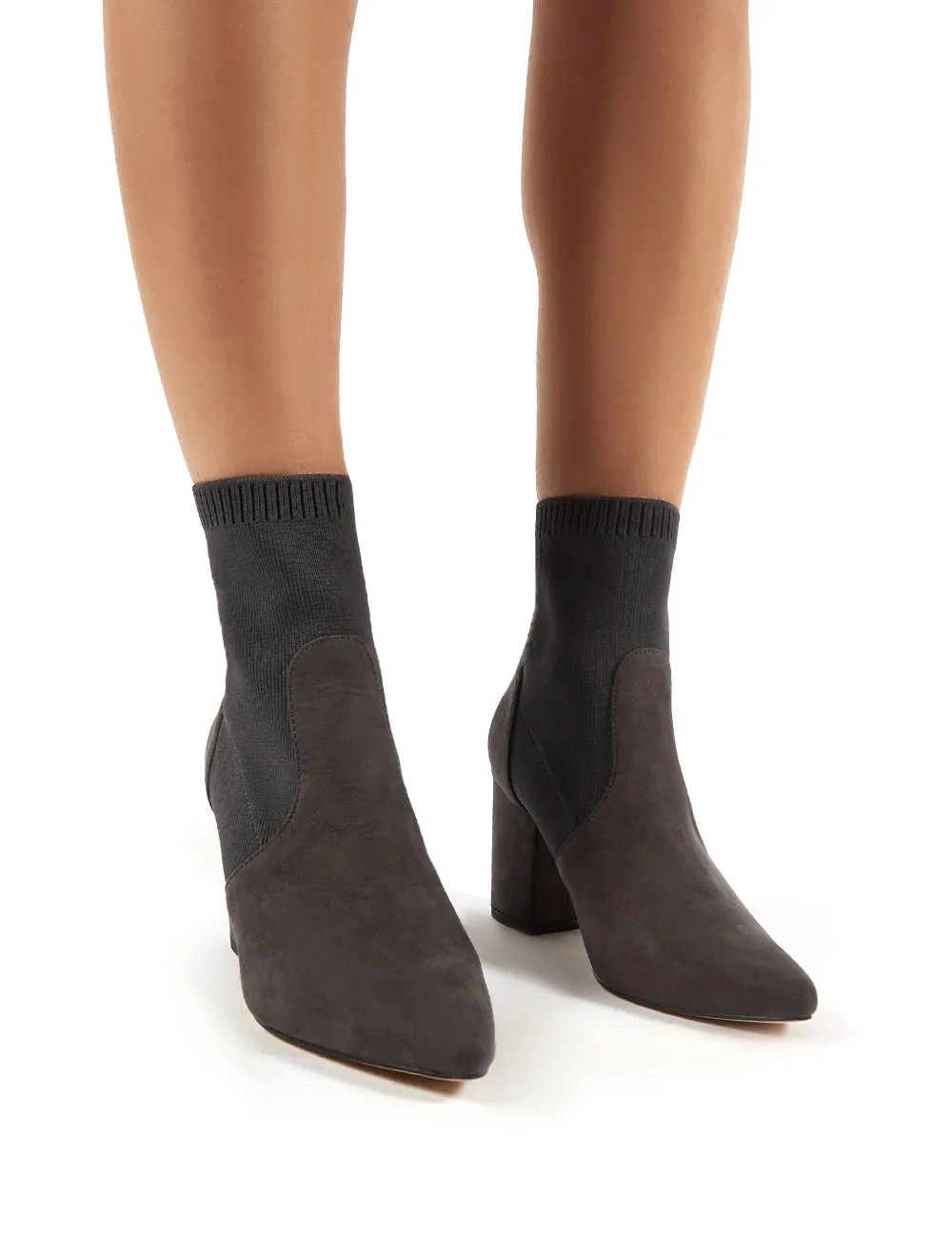 Nuala Grey Suede Block Heeled Knitted Sock Fit Ankle Boots