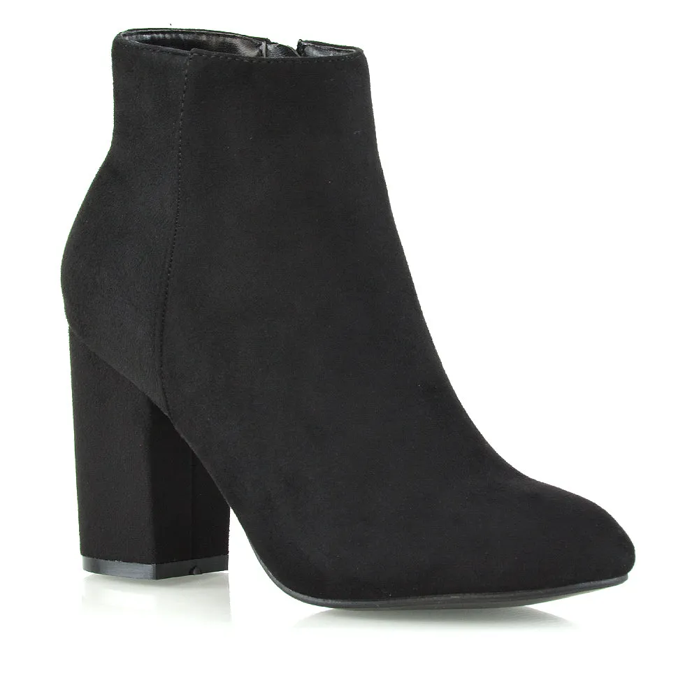 PEACHES CHUNKY BLOCK HIGH HEEL ZIP UP ANKLE WINTER BOOTS IN BLACK FAUX SUEDE