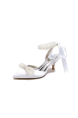 Pearl Ribbon Pointed Toe Ankle Strap High Heels