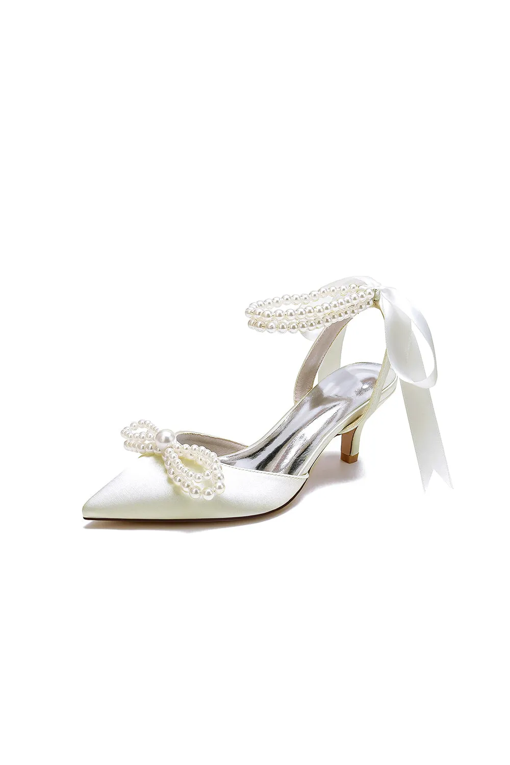 Pearl Ribbon Pointed Toe Ankle Strap High Heels