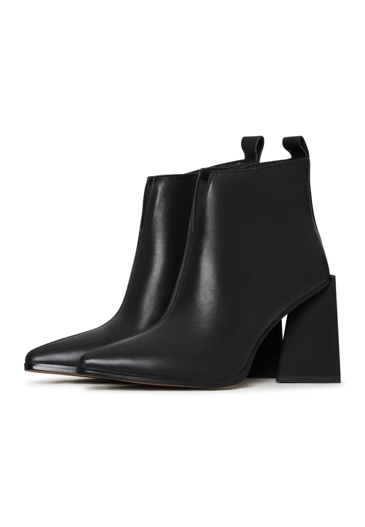 Pointed Toe Block Heel Ankle Boots - Stylish Leather Booties- Black