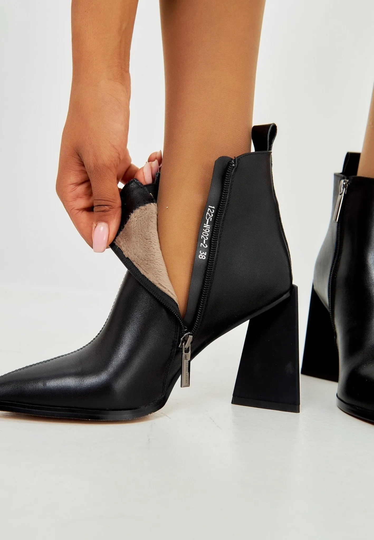 Pointed Toe Block Heel Ankle Boots - Stylish Leather Booties- Black