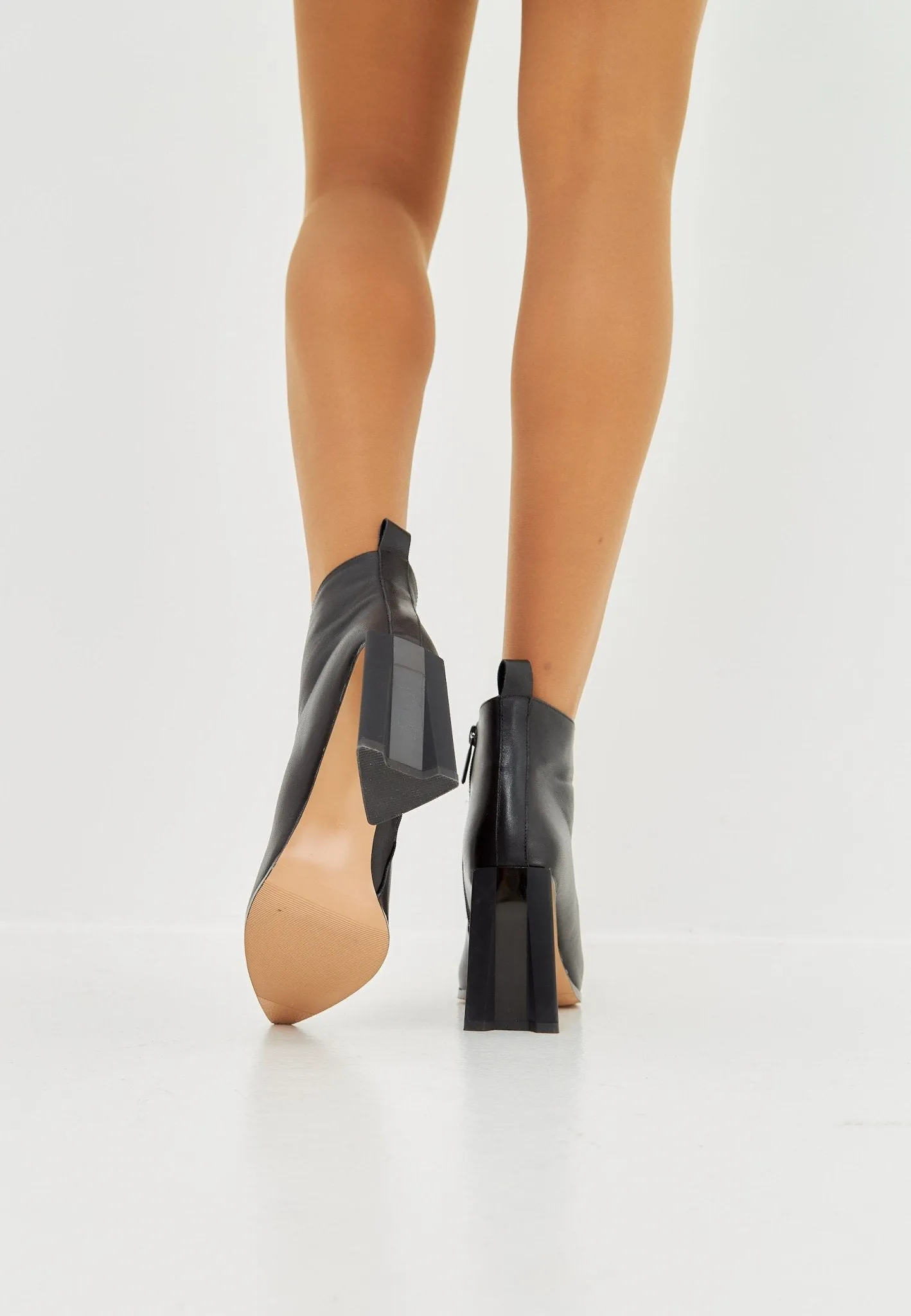 Pointed Toe Block Heel Ankle Boots - Stylish Leather Booties- Black