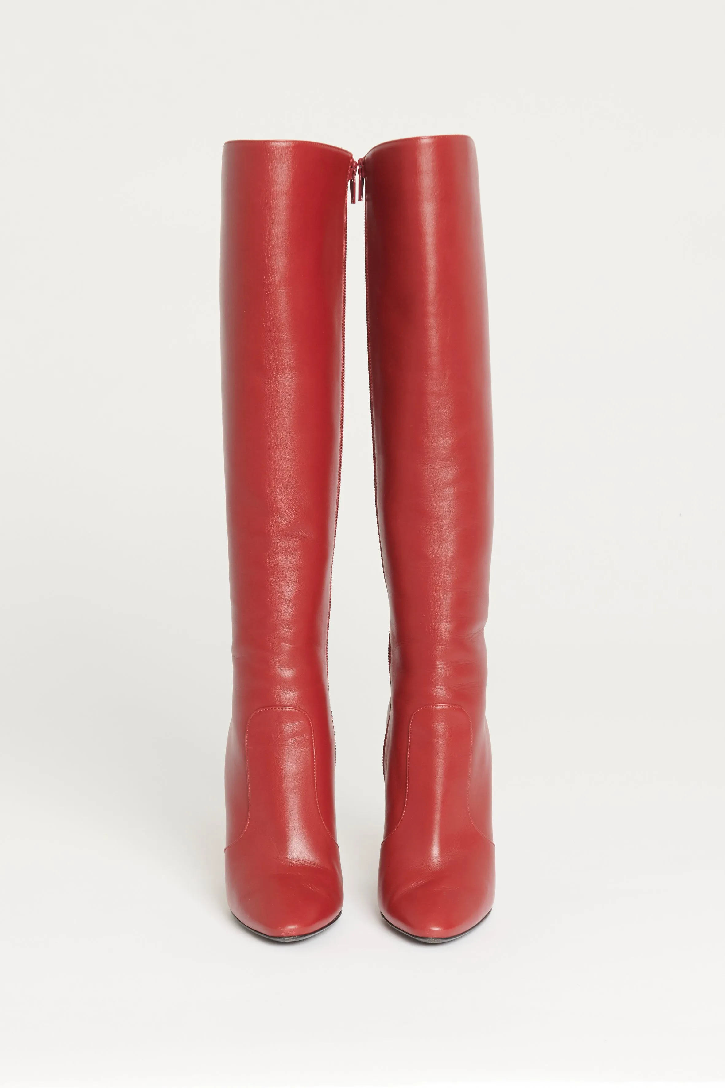 Red Leather Preowned Knee High Boots