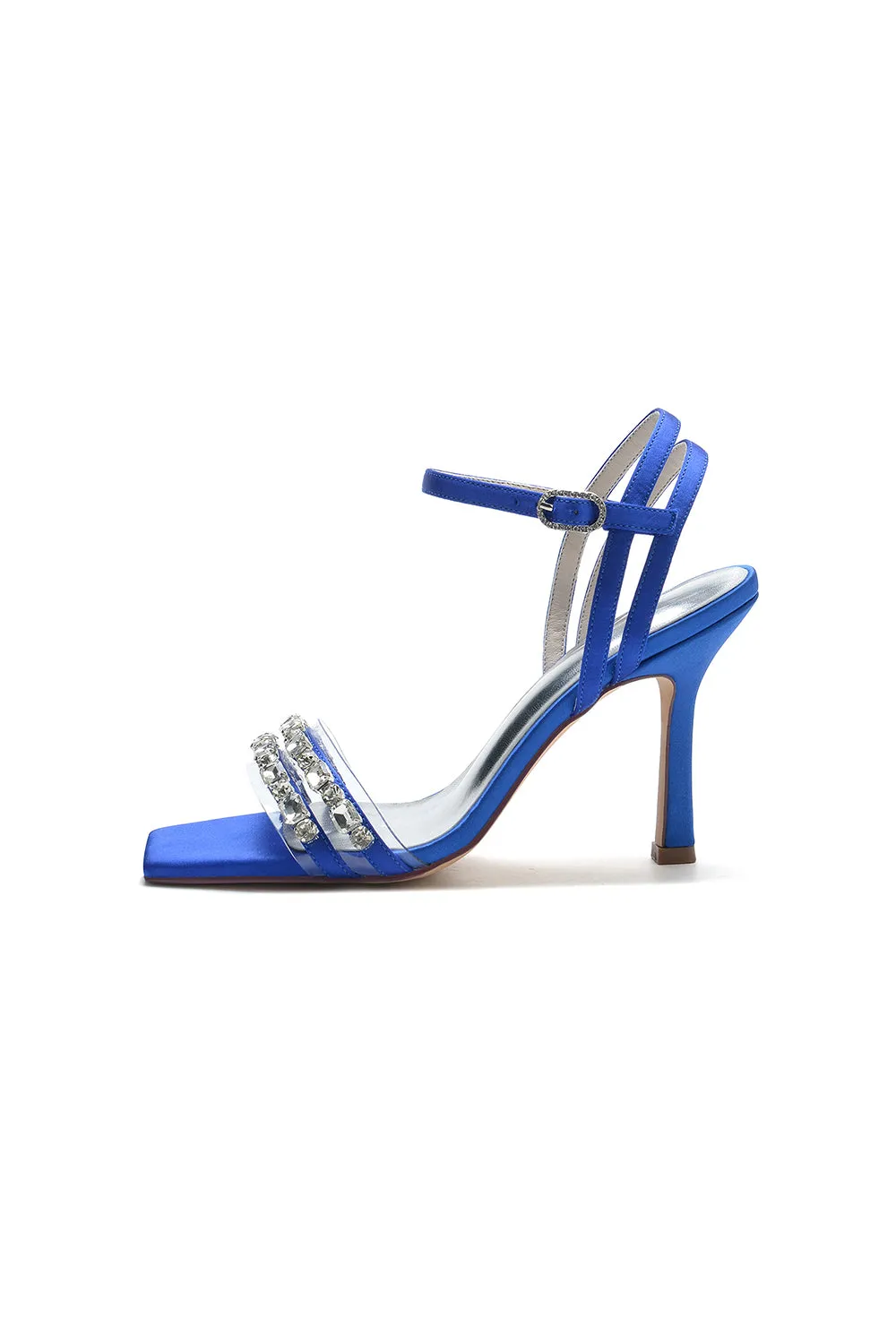 Royal Blue Satin Heels with Double Crystal Straps