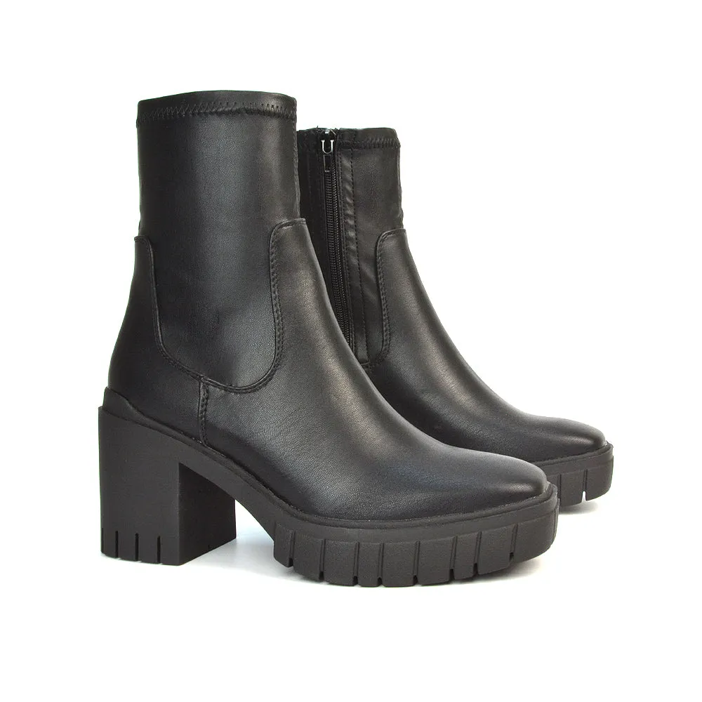 Sofia Platform Block High Heel Chunky Biker Ankle Boots in Black Synthetic Leather