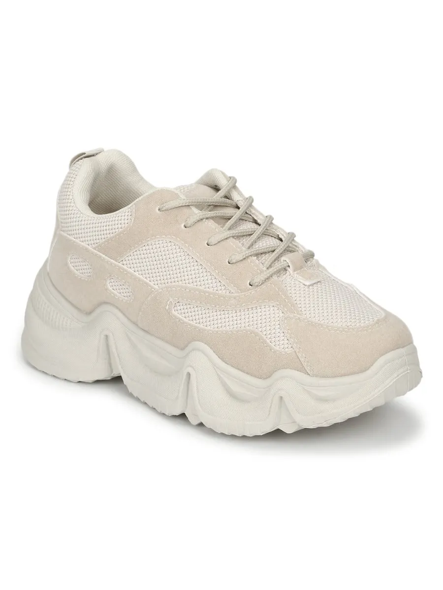 Stone Beige Lace-Up Chunky Sneakers With Cleated Sole