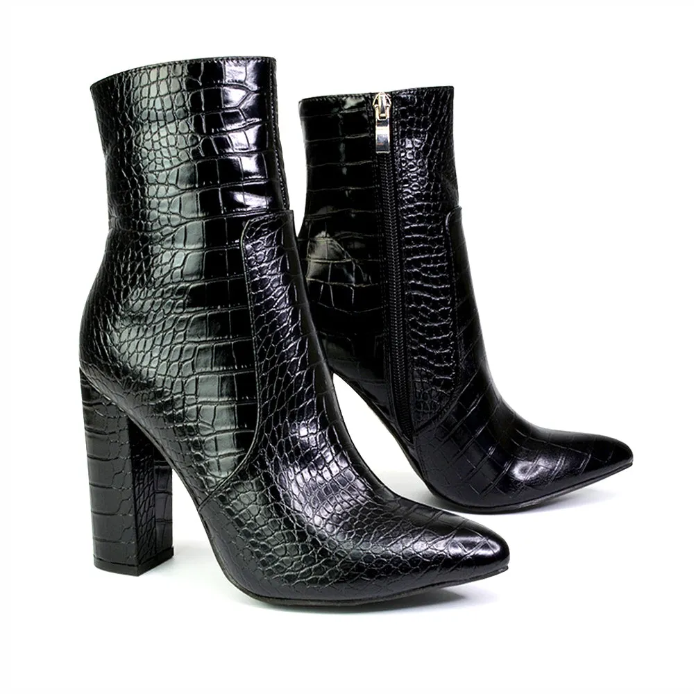 Sugar Block High Heel Zip-Up Heeled Ankle Boots With a Pointed Toe in Silver Metallic