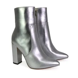 Sugar Block High Heel Zip-Up Heeled Ankle Boots With a Pointed Toe in Silver Metallic