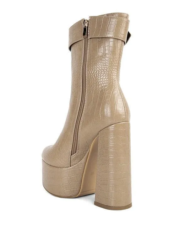 Textured Croc High Block Heeled Chunky Mid Calf Boots