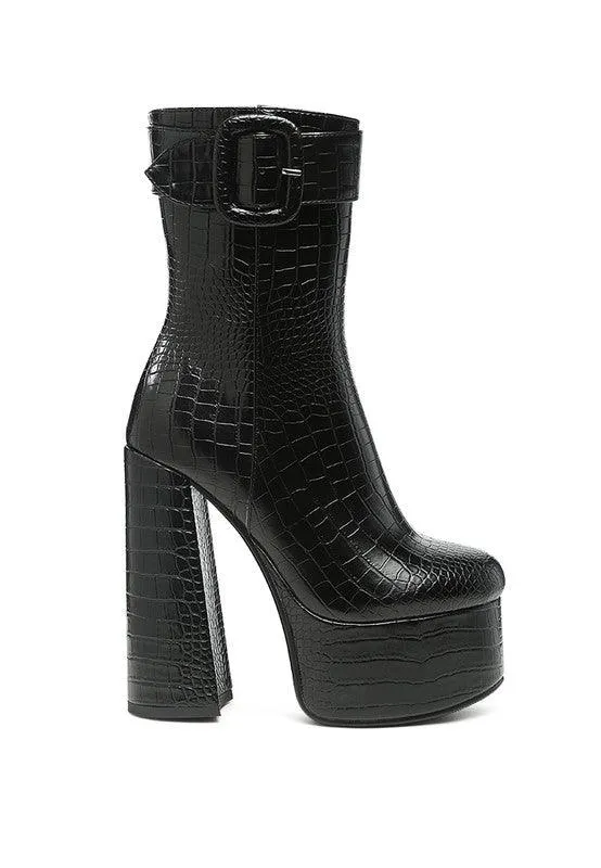 Textured Croc High Block Heeled Chunky Mid Calf Boots