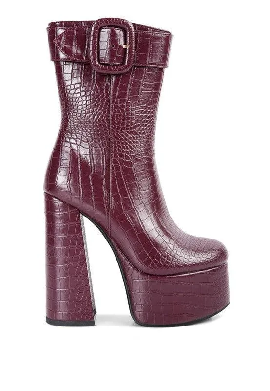 Textured Croc High Block Heeled Chunky Mid Calf Boots