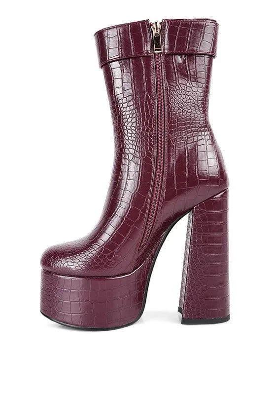 Textured Croc High Block Heeled Chunky Mid Calf Boots