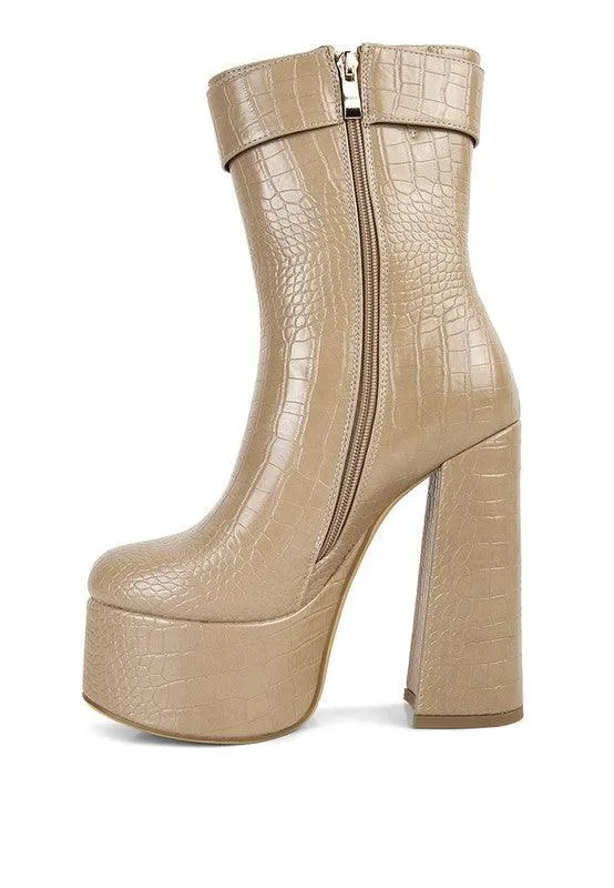 Textured Croc High Block Heeled Chunky Mid Calf Boots