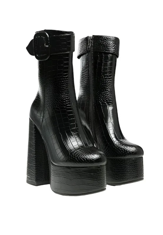 Textured Croc High Block Heeled Chunky Mid Calf Boots