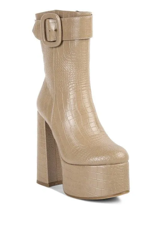 Textured Croc High Block Heeled Chunky Mid Calf Boots