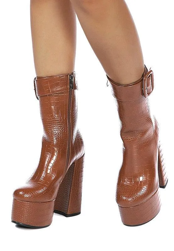 Textured Croc High Block Heeled Chunky Mid Calf Boots