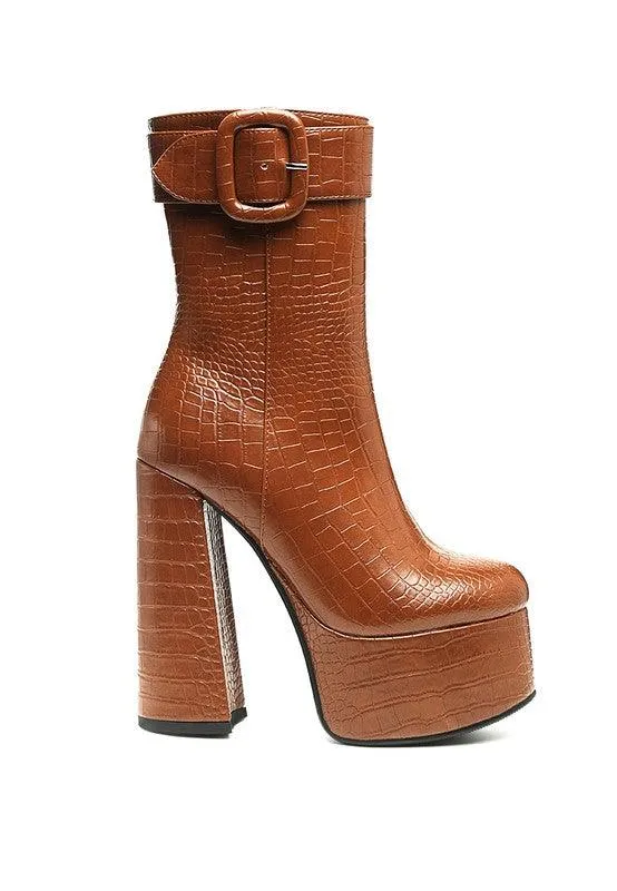 Textured Croc High Block Heeled Chunky Mid Calf Boots