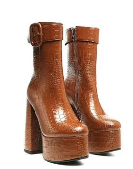 Textured Croc High Block Heeled Chunky Mid Calf Boots