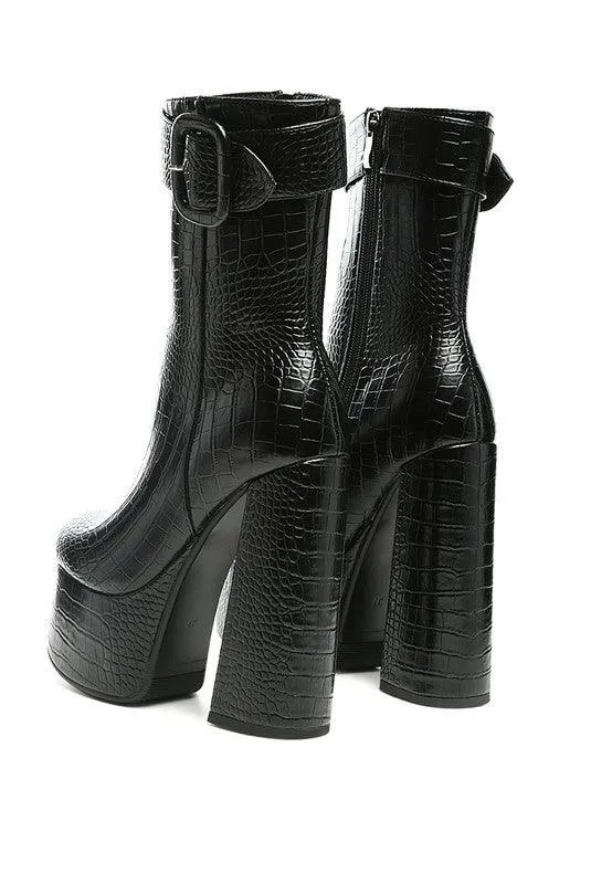 Textured Croc High Block Heeled Chunky Mid Calf Boots