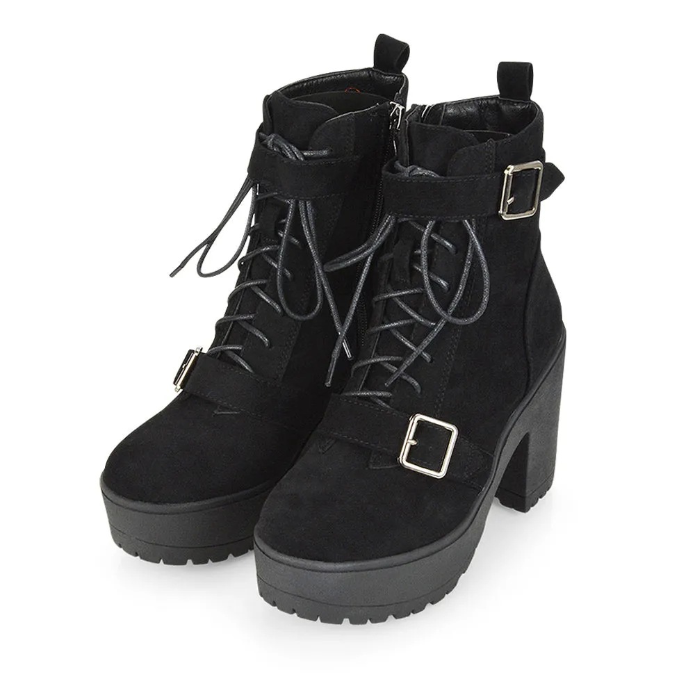 Tina Buckle Lace up Biker Block High Heel Platform Chunky Boots in Black PU