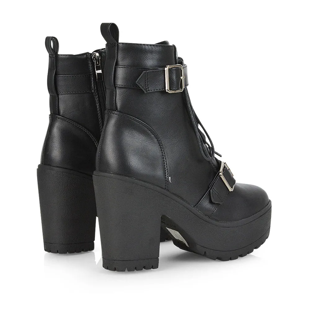 Tina Buckle Lace up Biker Block High Heel Platform Chunky Boots in Black PU