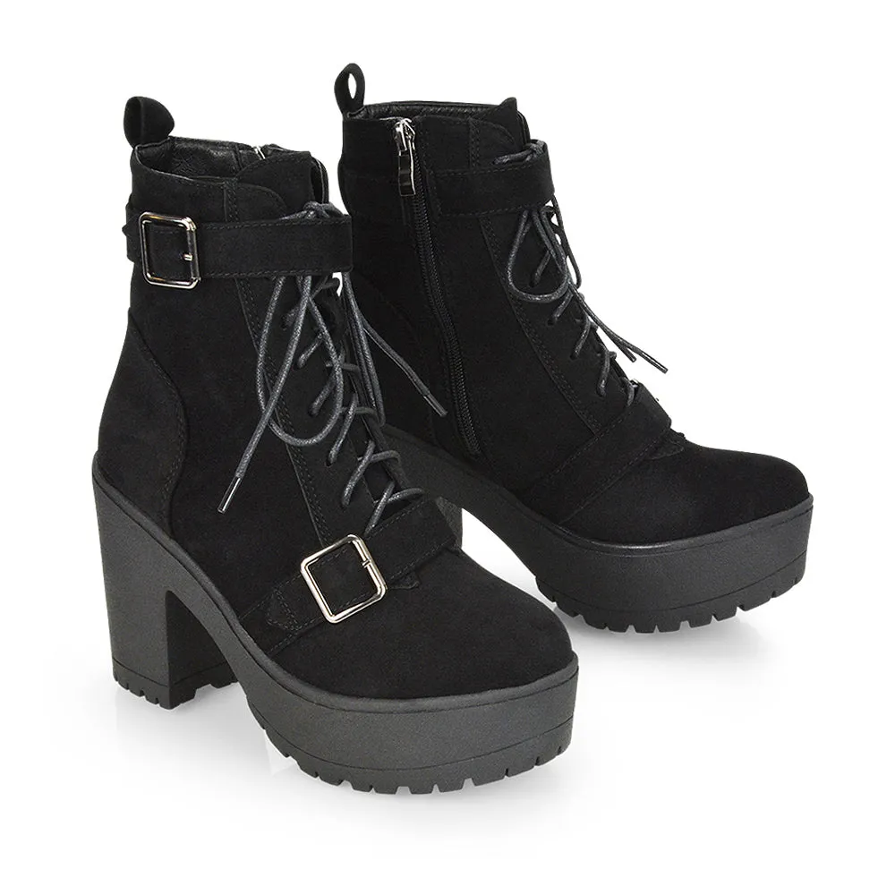 Tina Buckle Lace up Biker Block High Heel Platform Chunky Boots in Black PU