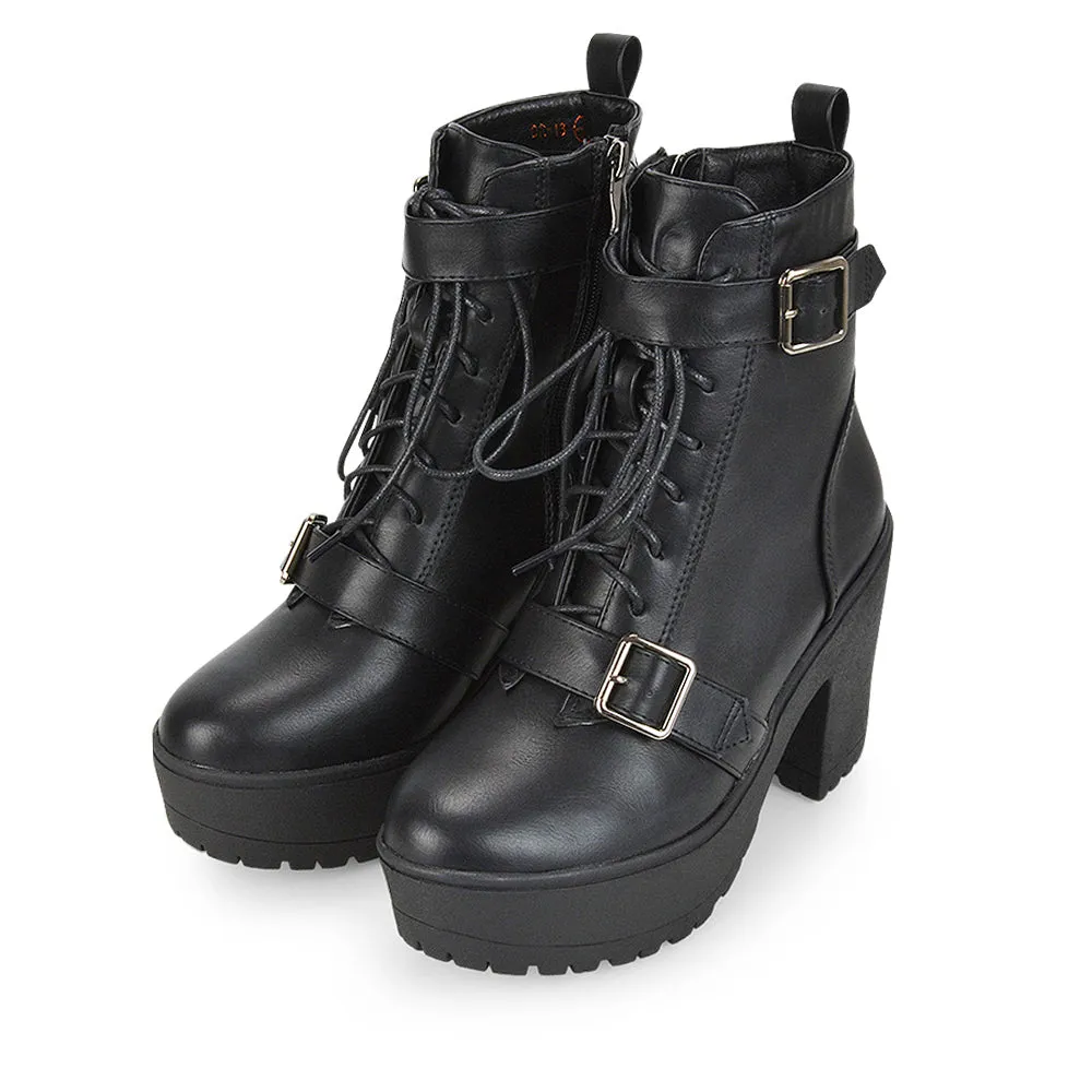 Tina Buckle Lace up Biker Block High Heel Platform Chunky Boots in Black PU