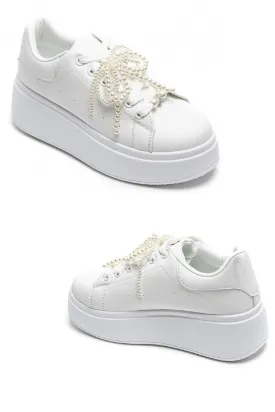 WHITE PEARL LACE DETAIL LACE UP CHUNKY SNEAKERS TRAINERS