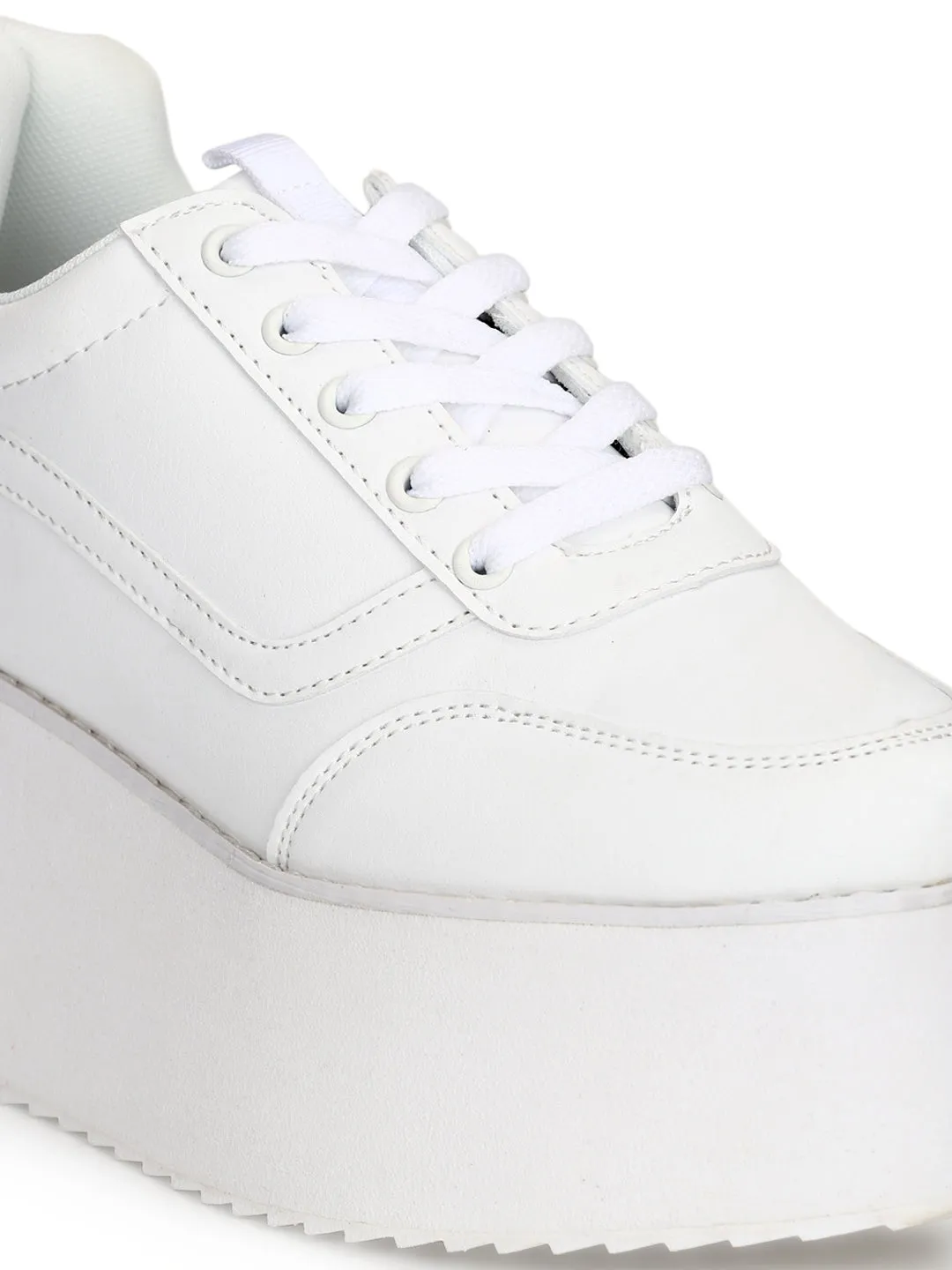 White PU Lace-Up Flatform Sneakers