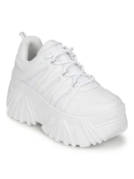 White PU Zig Zag Pattern Lace-Up Chunky Sneakers