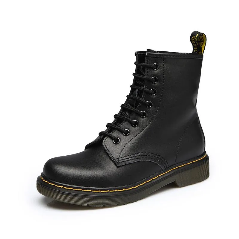 Women Flat Heel  Black Combat Boots Round Toe Flatform Lace Up Women's Motorcycle Boots