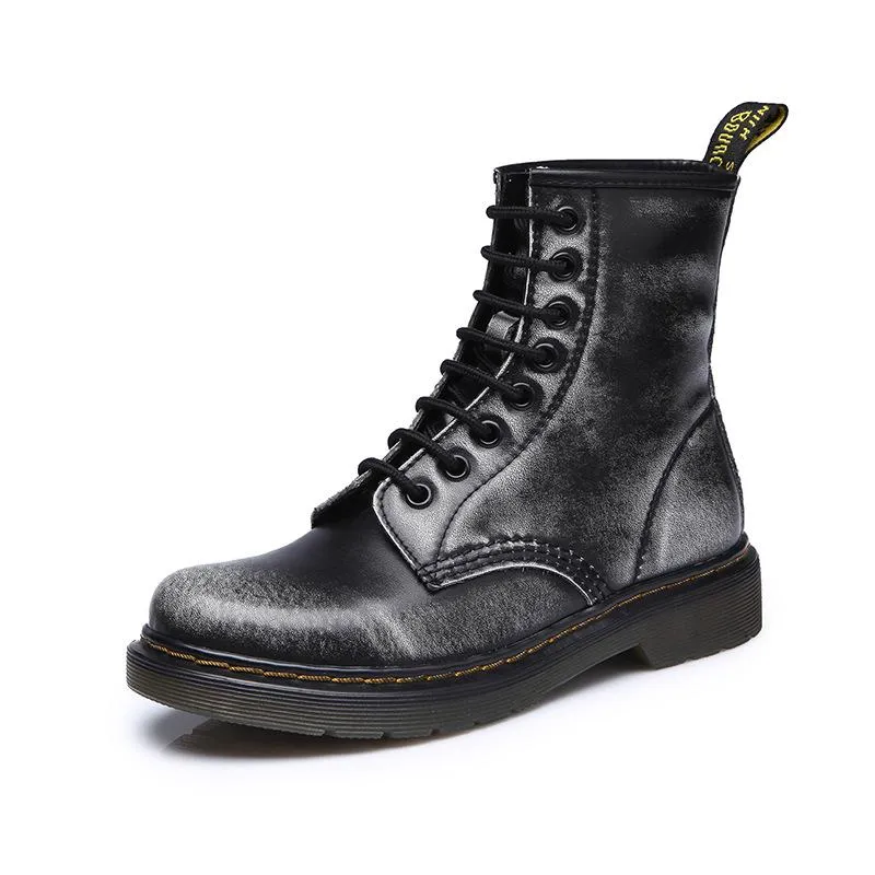 Women Flat Heel  Black Combat Boots Round Toe Flatform Lace Up Women's Motorcycle Boots