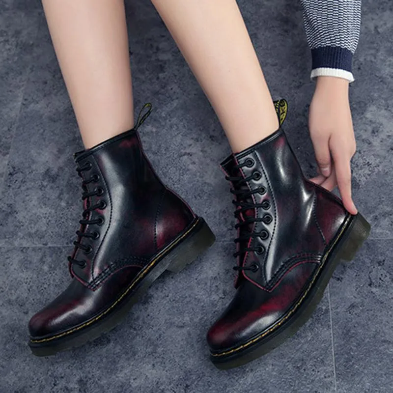 Women Flat Heel  Black Combat Boots Round Toe Flatform Lace Up Women's Motorcycle Boots