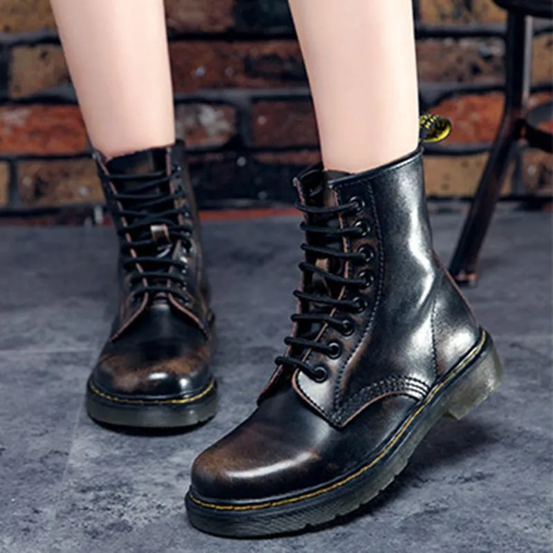 Women Flat Heel  Black Combat Boots Round Toe Flatform Lace Up Women's Motorcycle Boots