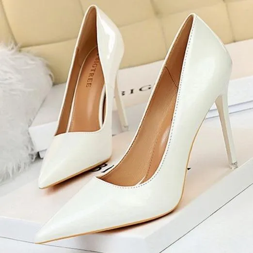 Women pointed toe stiletto 4 inch heels | closed toe shallow high heeled pumps | patent leather prom heels