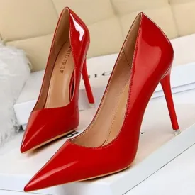 Women pointed toe stiletto 4 inch heels | closed toe shallow high heeled pumps | patent leather prom heels