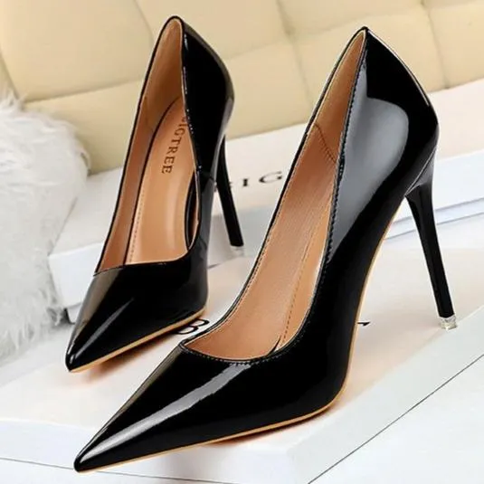 Women pointed toe stiletto 4 inch heels | closed toe shallow high heeled pumps | patent leather prom heels