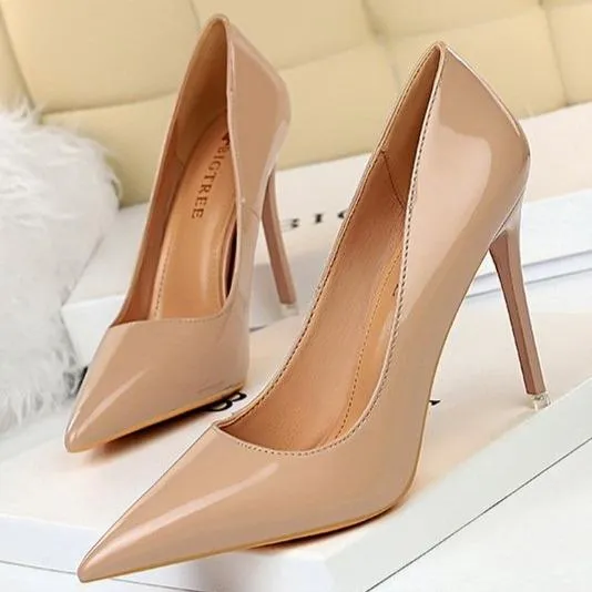 Women pointed toe stiletto 4 inch heels | closed toe shallow high heeled pumps | patent leather prom heels