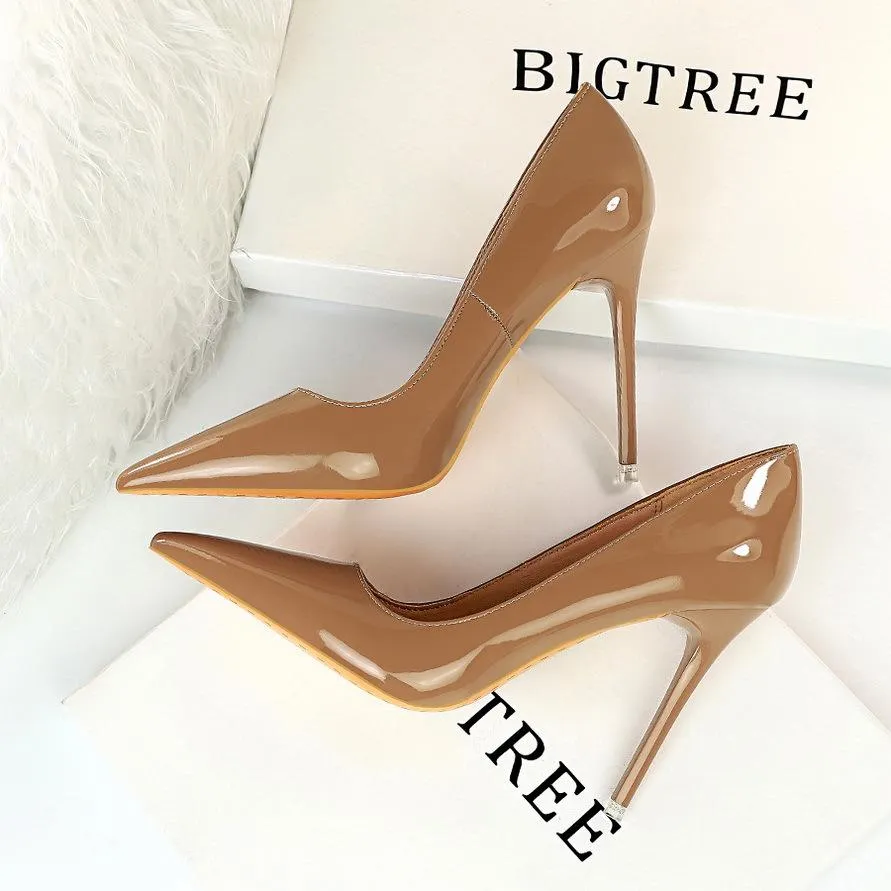 Women pointed toe stiletto 4 inch heels | closed toe shallow high heeled pumps | patent leather prom heels