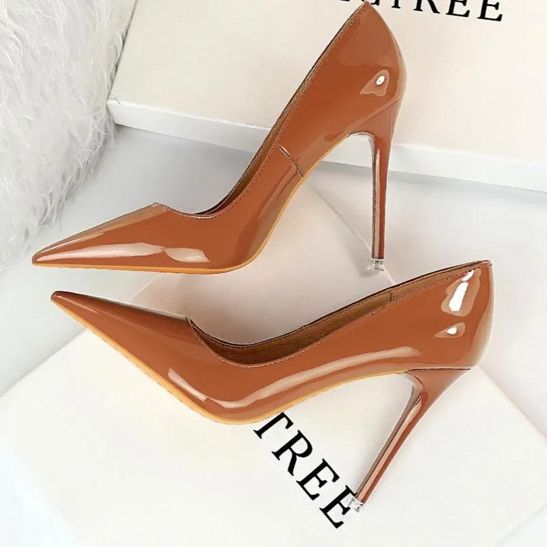 Women pointed toe stiletto 4 inch heels | closed toe shallow high heeled pumps | patent leather prom heels