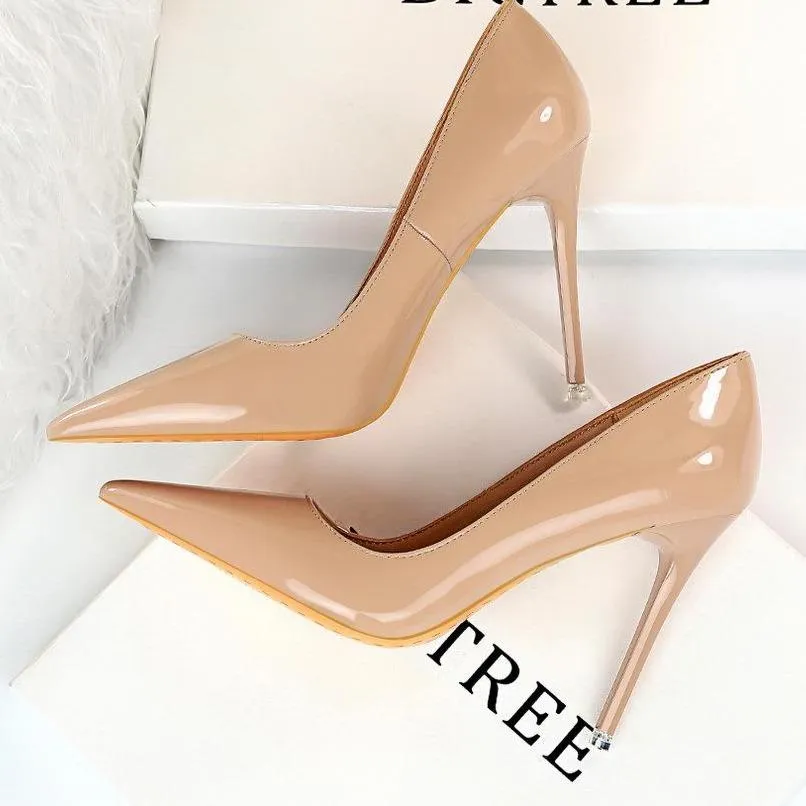 Women pointed toe stiletto 4 inch heels | closed toe shallow high heeled pumps | patent leather prom heels