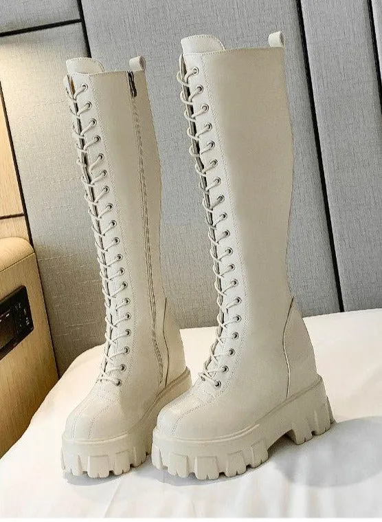 Women's knee high thick platform zipper combat boots for fall/winter