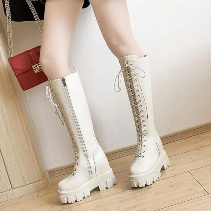 Women's knee high thick platform zipper combat boots for fall/winter