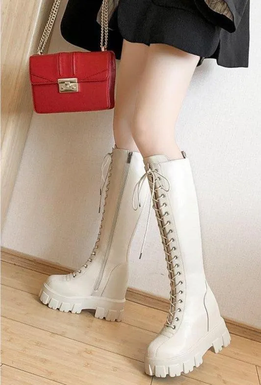 Women's knee high thick platform zipper combat boots for fall/winter