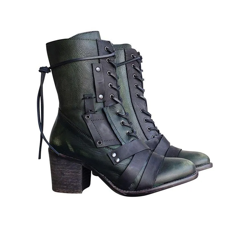 Women's vintage chunky block heel combat boots front lace mid calf boots