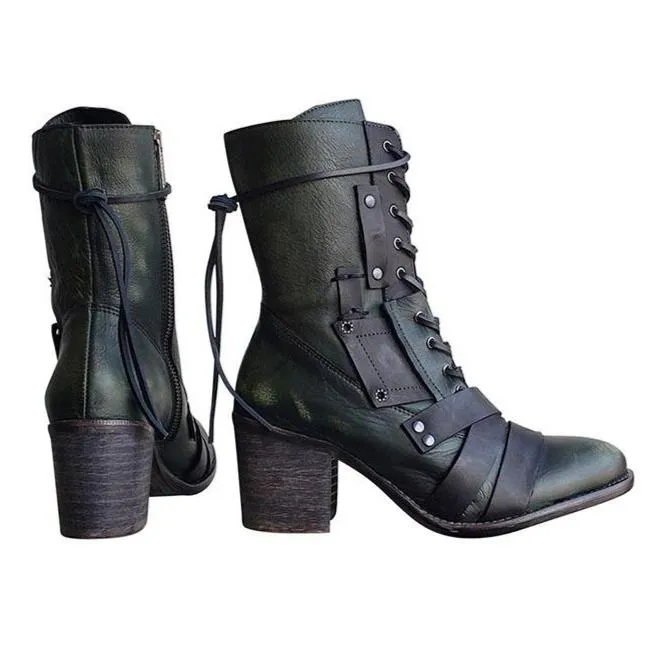 Women's vintage chunky block heel combat boots front lace mid calf boots